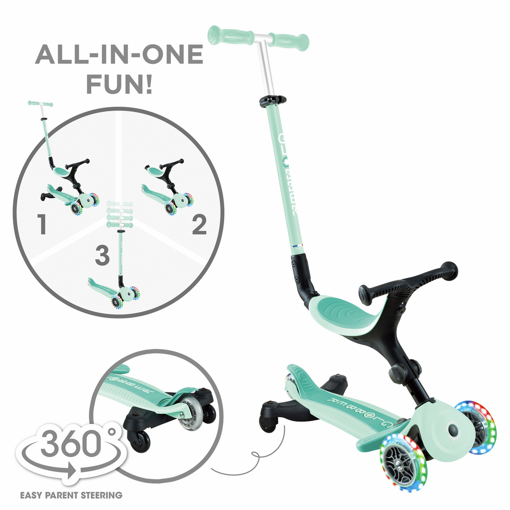 Patinete infantil Globber GO·UP ACTIVE LUCES 360° con asiento, luces y dirección parental para niños