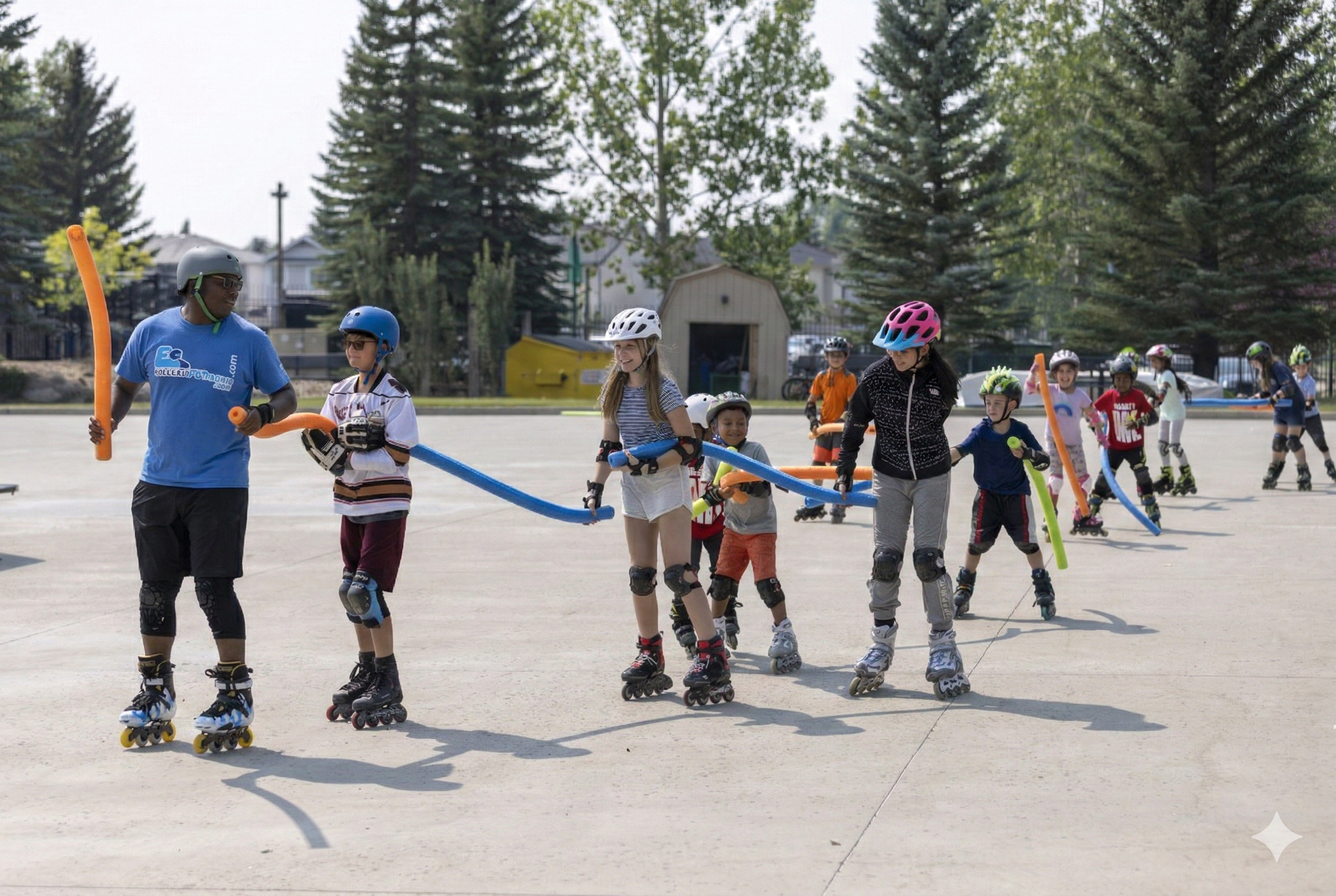 Clases de patinaje para niños en Madrid: grupo infantil aprendiendo a patinar con monitor